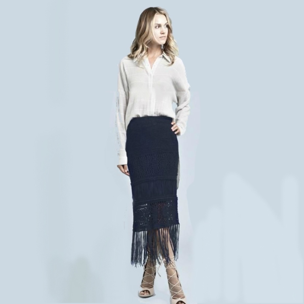 Moon River Long Hem Fringed Blue Sweater Skirt S